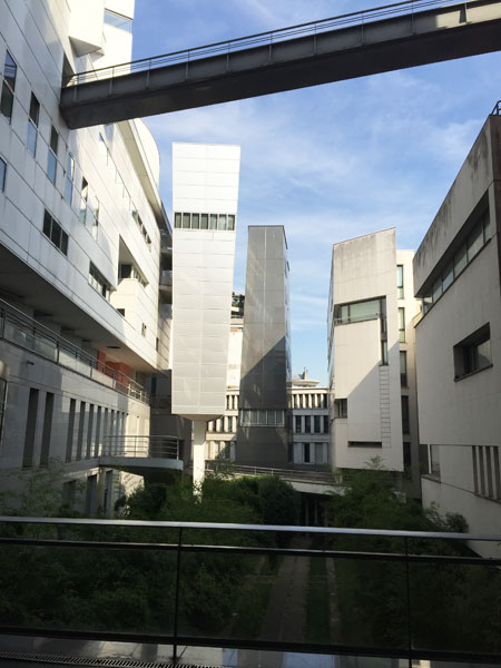 Vue sur le jardin et les deux tours bisautées Vue sur le jardin et les deux tours bisautées