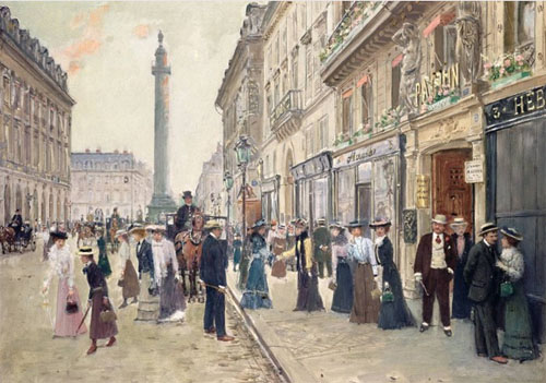 Sorties des ouvrières de la maison Paquin, rue de la Paix, par le peintre Jean Béraud,