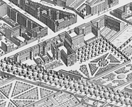 L'hôtel Crozat (plan Turgot) : on reconnait la cour d'honneur (donnant sur la rue de Richelieu), l'hôtel en forme de U en plan et les vastes jardins donnant sur le boulevard L'hôtel Crozat (plan Turgot) : on reconnait la cour d'honneur (donnant sur la rue de Richelieu), l'hôtel en forme de U en plan et les vastes jardins donnant sur le boulevard