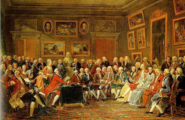 Lecture de la tragédie de Voltaire, l’Orphelin de la Chine, dans le salon de Mme Geoffrin en 1755. Anicet Charles Gabriel Lemonnier, 1812.